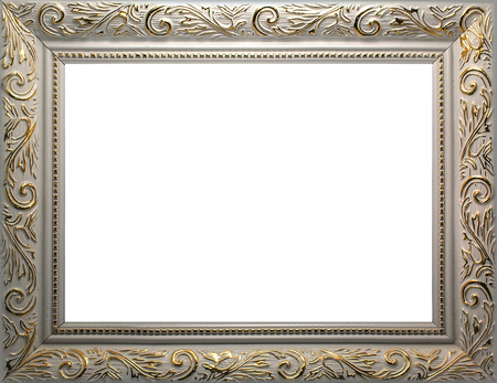 white photo frame with gold pattern on a white background textureの写真素材