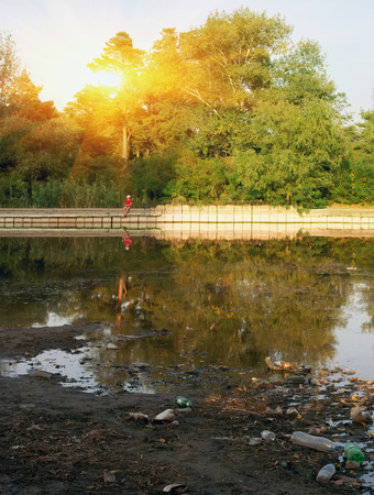 garbage on the waterfront at sunset in the pine forest. pollution ecologyの写真素材