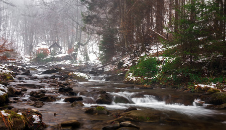 mountain river in the winter forest with many rapidsの写真素材
