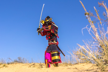 Samurai in ancient armor, with a sword in a field. warriorの写真素材