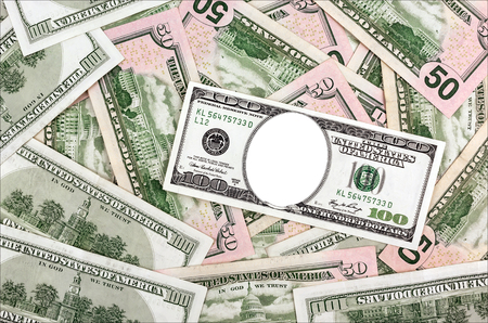 place for portrait in hundred dollar bills on dollars backgroundの写真素材