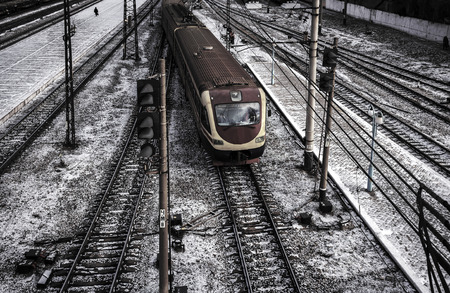 high-speed train arrives at the platform. top view