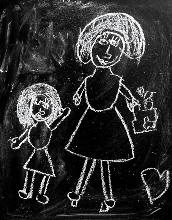 happy mother and daughter drawn with crayonsの写真素材