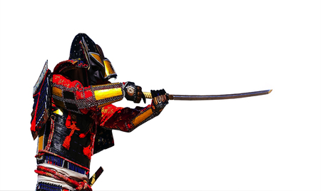 Samurai in ancient armor, with a sword ready to attack close-upの写真素材