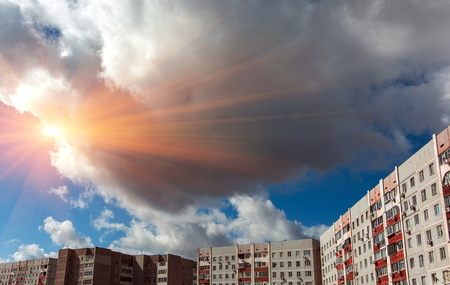 Voluminous clouds on the blue summer sky in the city. beautiful sky.の写真素材