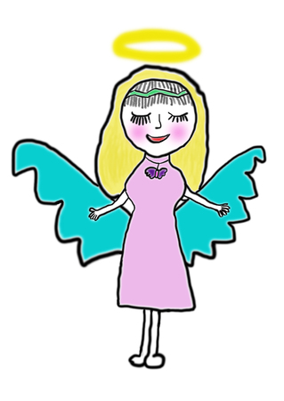 Cute angel girl painted by baby, dreaming. Child's drawing.の写真素材