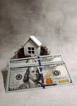 Buying, selling a house, a white house in a nest on the background of dollars. house is an investment.の写真素材