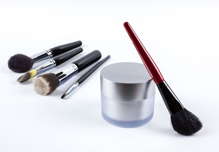 make-up brushes and cosmetics close-up, fashion industry.の写真素材