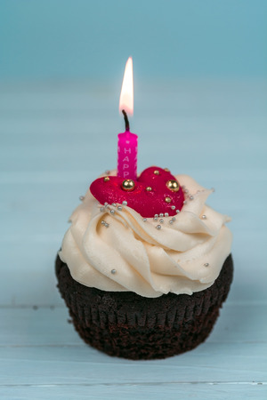 Birthday cupcake. Cupcakes for Valentine's Day. Love cupcakes with heart.の写真素材