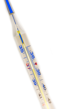 high body temperature on a thermometer. Symptom of the disease. thermometer close-up.