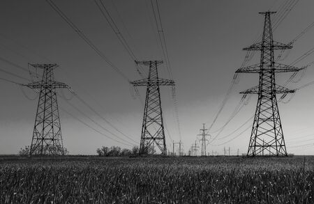 high-voltage  power lines at sunset. electricity distribution station. high voltage electric transmission tower. の写真素材