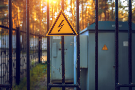 High voltage sign on a fence, on a background of transformers at sunset. top view.