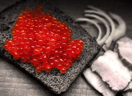 red salmon caviar on a slice of breadの写真素材
