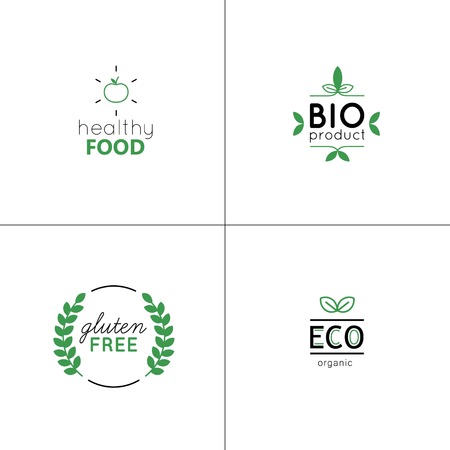 Natural and organic vector set with green labels and badges. Design elements for product packaging, logos, stickers or icons. Vegan food collection.のイラスト素材