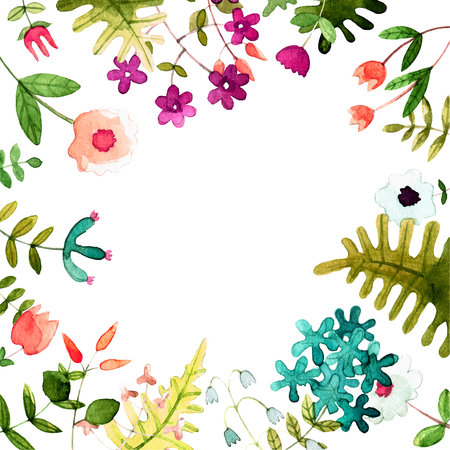 A decorative banner with an ornament of the watercolor spring flowers for a text on a white background, a greeting card,a decoration postcard or wedding invitation, template of a postcard.のイラスト素材