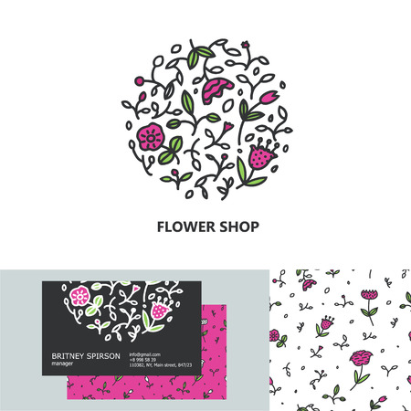 Premium business identity set with logo, business card design and seamless pattern for flower shop, organic cosmetics, bridal boutique, beauty salon. Line style design with flowers and leaves.のイラスト素材