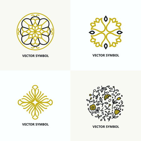 Set of flourish design templates. Good for boutique, hotel, jewelry, fashion, spa and beauty salon. Vector illustration.のイラスト素材