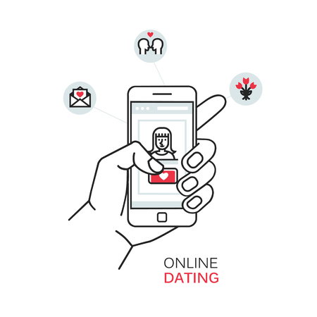 Vector line style illustration with hand holding smartphone with girl avatar and finger touching like button. Graphic design concept of online dating and romantic relationship.のイラスト素材