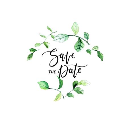 Lovely save the date concept card with watercolor green leaves and hand-drawn text - greeting card, wedding invitation.のイラスト素材