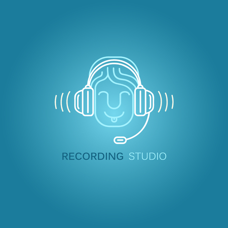 Smiling man with headphones - icon style design template in linear style. Element for music store, banner, web page and mobile app. Music concept.のイラスト素材
