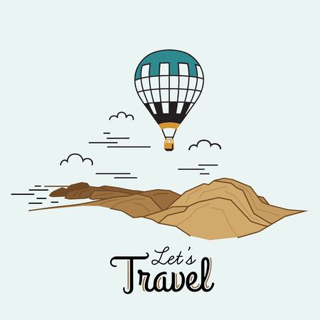 Hot air balloon in clouds on a background of mountains. Travel concept. Illustration in flat linear style. Vector.のイラスト素材