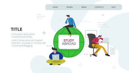 Study abroad concept - flat style illustration of different characters with devices learning distantly.のイラスト素材