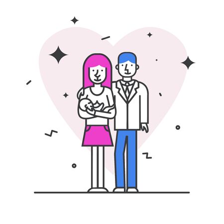 Happy family portrait - the young family with baby in their arms in flat style - vector illustration with characters.のイラスト素材