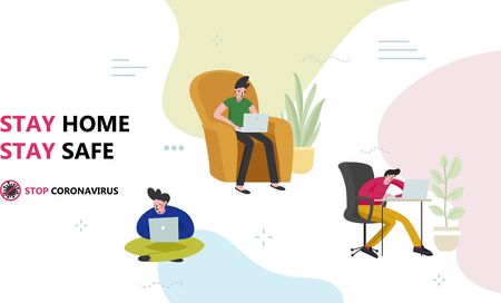 Remote work concept during covel-19 - young people working on laptops at home - stay home stay safe slogan - flat style illustration for landing pages, apps and banners.のイラスト素材