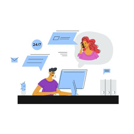 assistant, business, businessman, call, center, character, chat, client, communication, company, computer, concept, conference, contact, conversation, customer, design, flat, headphones, icon, illustration, information, job, laptop, live online , man, manager, microphone, monitor, office, online, operator, people, person, phone, service, speech, support, talk, technology web, user, vector, work, worker, yellowのイラスト素材