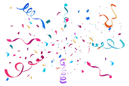 Colorful confetti and serpentine ribbons. Festive illustration in flat modern simple style.のイラスト素材