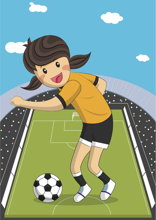 illustration of a cute young girl playing soccer (football)のイラスト素材