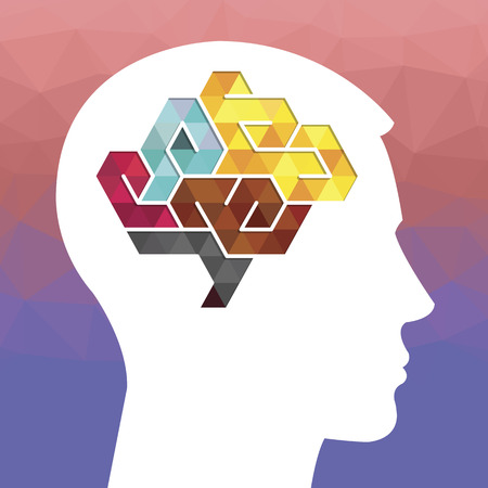 Profile of a human head with a colored low poly symbol of the brainのイラスト素材