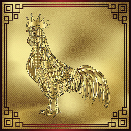 Rooster, Chinese zodiac symbol of the 2017 year. Colorful vector illustration isolated. cock in gold colors. Design for t-shirt print, greeting card, calendar.のイラスト素材