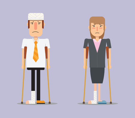 Cartoon character, Business man and woman injured leg, head. vector illustration.のイラスト素材