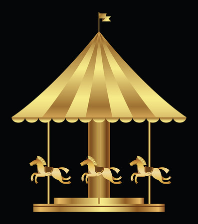 Amusement park with golden carousel horses isolated on black background. Vector illustration.のイラスト素材