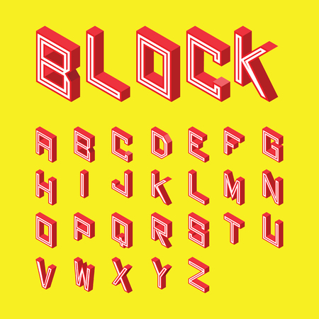 3d isometric alphabet. font red block style on yellow background.のイラスト素材