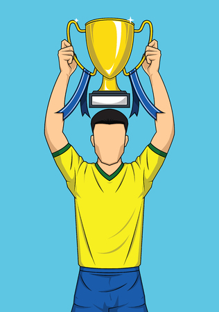 Happy sport player holding gold trophy comic style. soccer winner Vector illustration.のイラスト素材