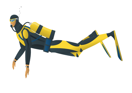 Vector cartoon style illustration of scuba diver on white backgroundのイラスト素材