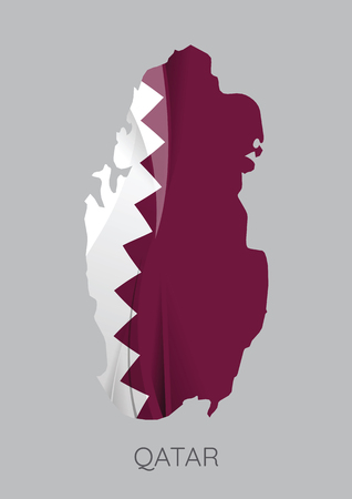 Map Of Qatar With Flag As Texture Isolated On Grey Background. Vector Illustrationのイラスト素材