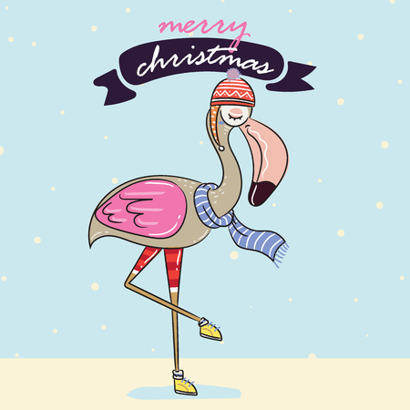 Winter greeting card with cute hand drawn flamingo in winter warm sweater. Christmas postcard. Vector illustration.のイラスト素材