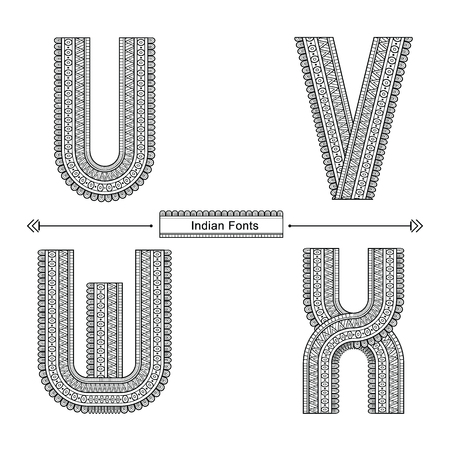 Vector graphic alphabet in a set U,V,W,X, with Abstract Indian ethnic style. Typography design for posters, logos, cover, etc.のイラスト素材