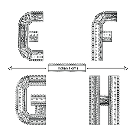 Vector graphic alphabet in a set E,F,G,H, with Abstract Indian ethnic style. Typography design for posters, logos, cover, etc.のイラスト素材