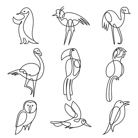 Birds continuous line drawing elements set isolated on white background for logo or decorative element. tukan, parrot, owl, flamingo, penguin, seagull. Vector illustration.のイラスト素材