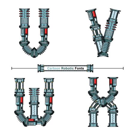 Vector graphic alphabet in a set U,V,W,X, with Abstract Cartoon Robot Font. Typography design for posters, logos, cover, etc.のイラスト素材