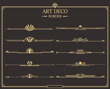 Set of Art deco gold calligraphic page dividers. Vector golden flourishes page decoration vignettes. header and border template in style of 1920s for your design.のイラスト素材