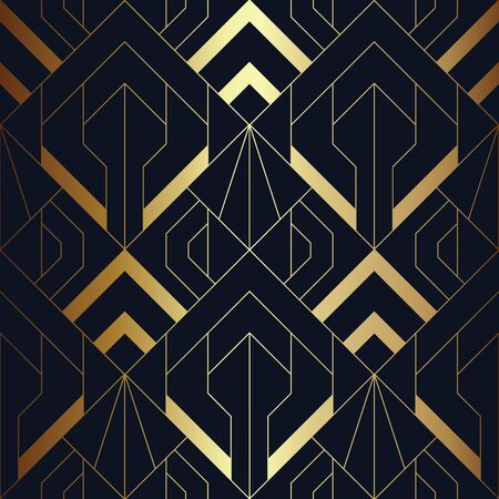 Vector modern geometric tiles pattern. luxury dark blue with gold shape. Abstract art deco background.のイラスト素材