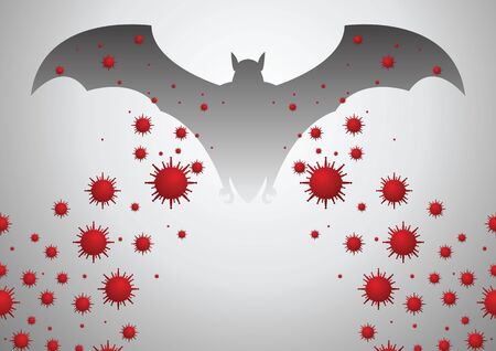 Bat are thought to be the cause of corona virus. Pictures of big bat and red color viruses. vector illustration.のイラスト素材
