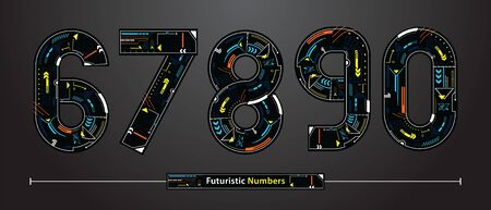Vector graphic numbers in a set 6,7,8,9,0, with Color lines Futuristic fonts styleのイラスト素材