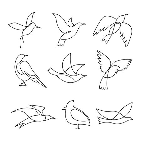 Birds continuous line drawing elements set isolated on white background. Vector illustration.のイラスト素材