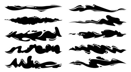 Ink splashes set. Black inked splatter dirt stain splatter spray splash with drops blots isolated vector silhouette set. Cartoon style Vector illutration.のイラスト素材